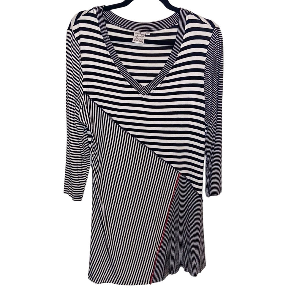 Parsley & Sage Tunic Top Womens Large Shirt V-neck Striped Stretch Lagenlook
